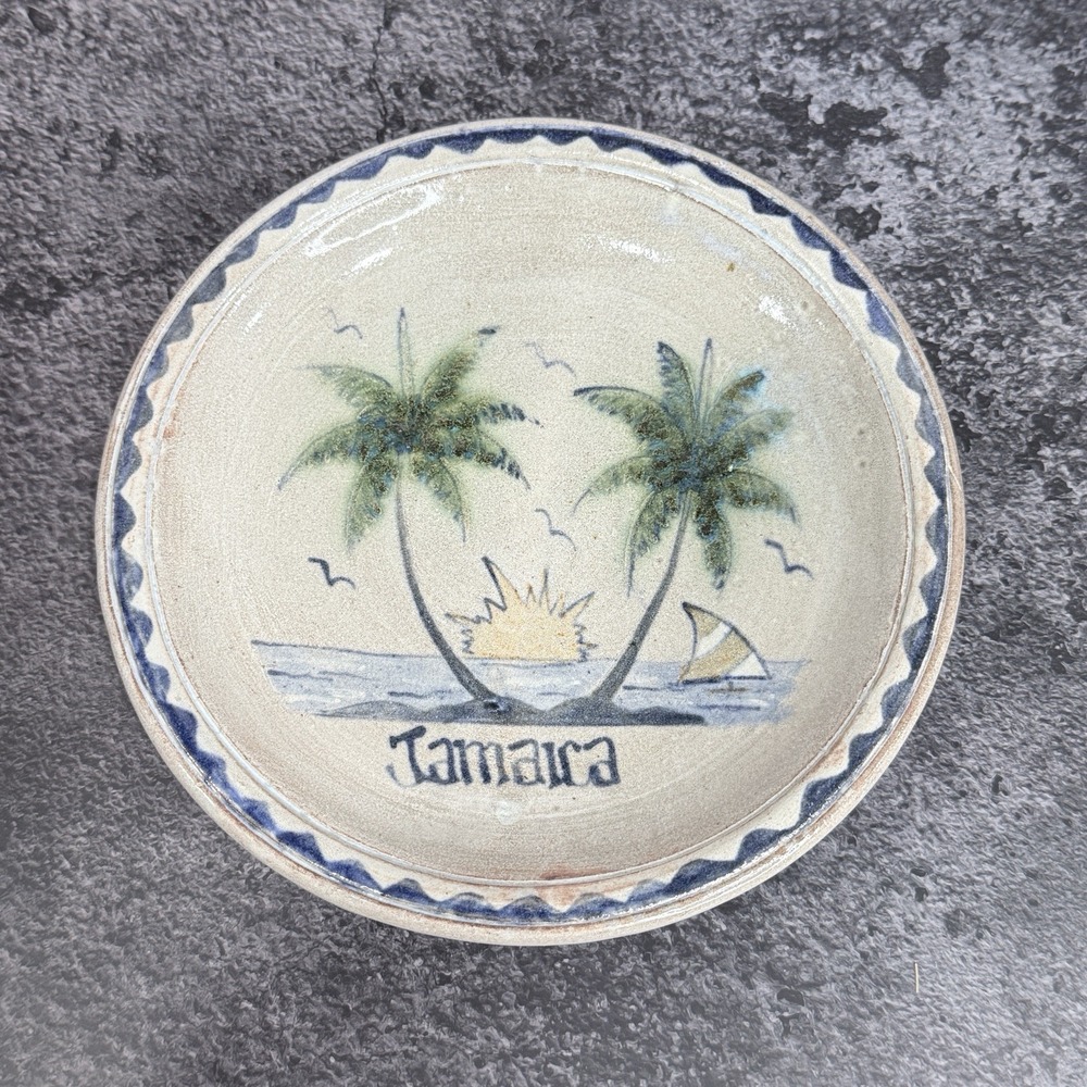 Jamaica‎ Studio Pottery Plate Lloyd Signed 7" Palm Tree Sailboat Hand Painted